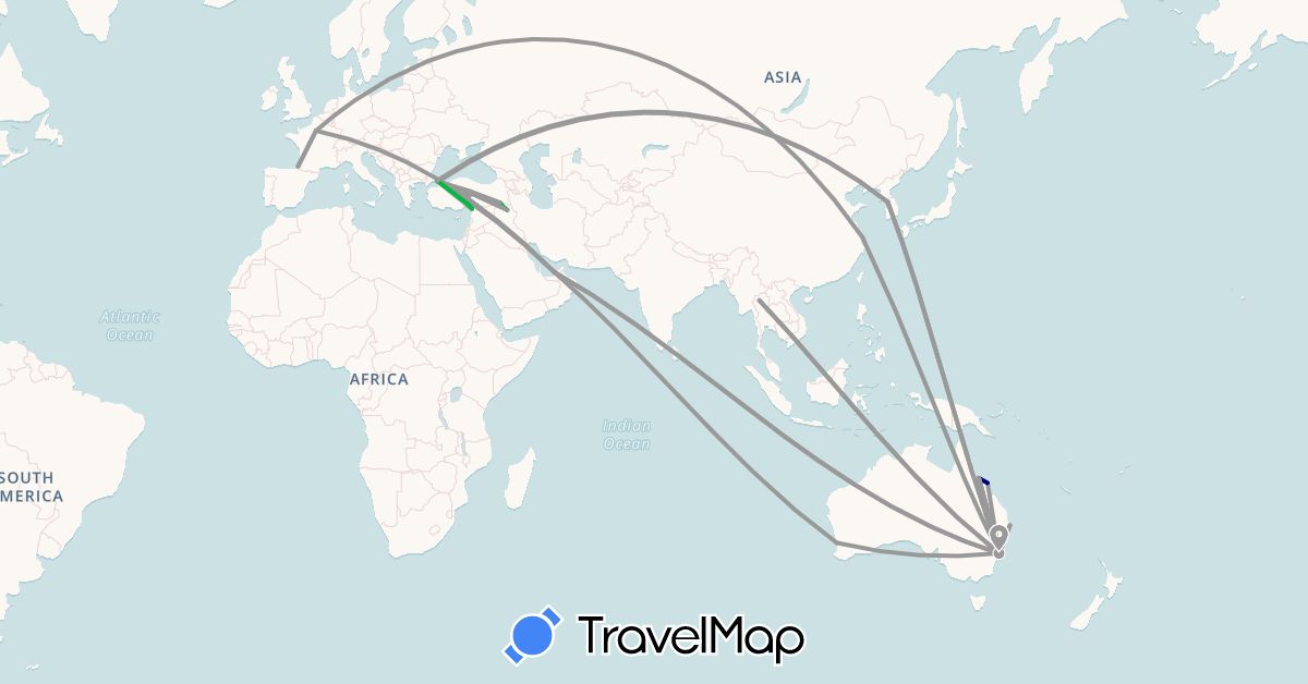 TravelMap itinerary: driving, bus, plane, train in United Arab Emirates, Australia, China, France, Iraq, South Korea, Thailand, Turkey (Asia, Europe, Oceania)